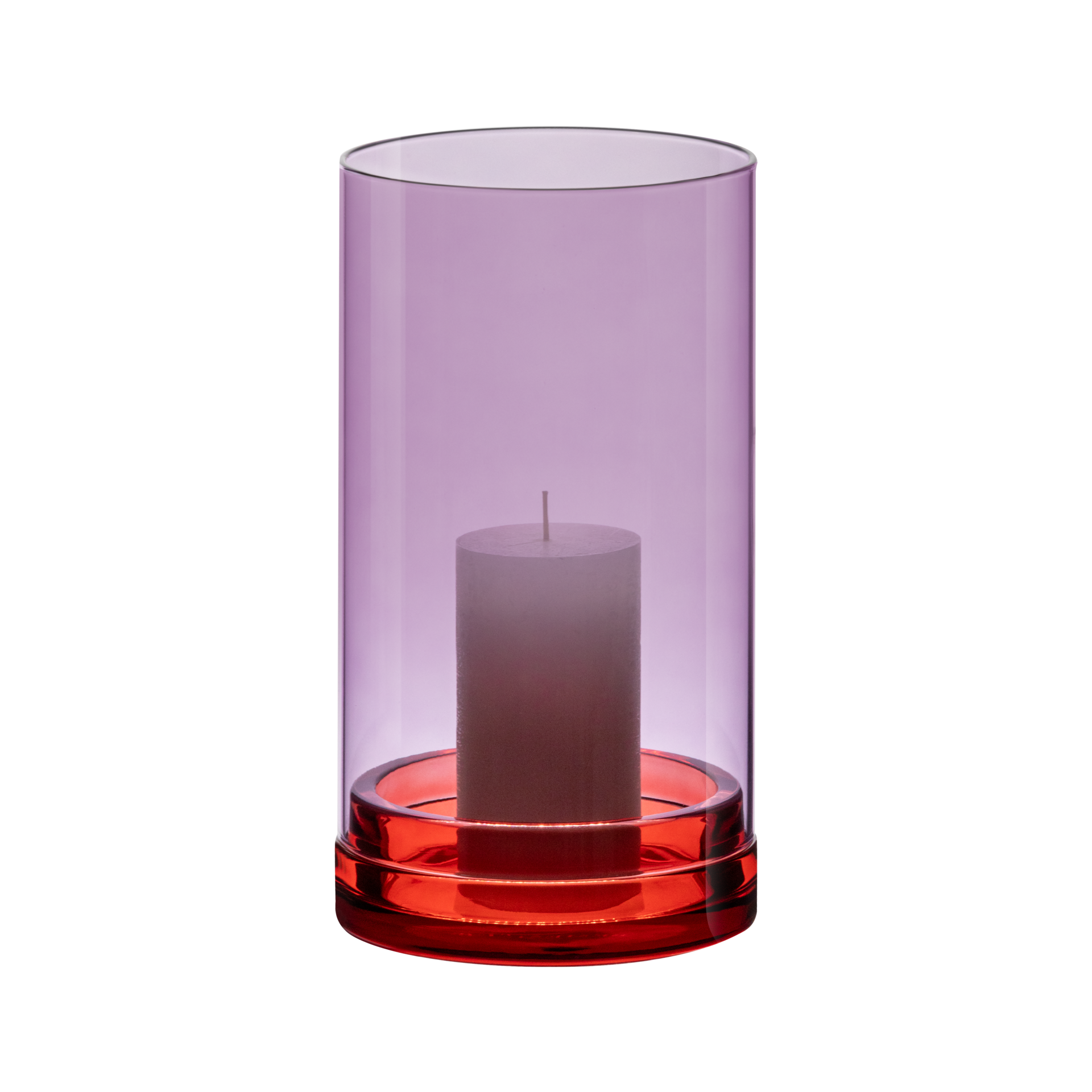 Grand photophore LUCIUS de REMEMBER en verre coloré, posé sur une table, avec une bougie allumée diffusant une lumière tamisée.