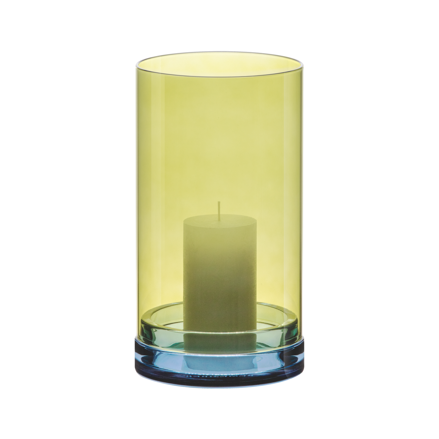 Grand photophore LUCIUS de REMEMBER en verre coloré, posé sur une table, avec une bougie allumée diffusant une lumière tamisée.