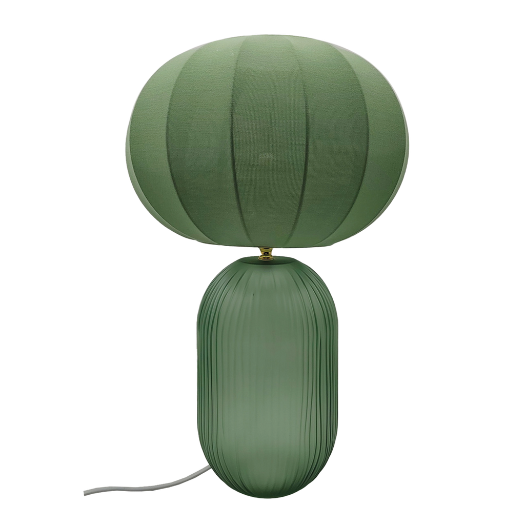 Lampe LUCAS OPJET PARIS – version verte avec base en verre strié et abat-jour en toile