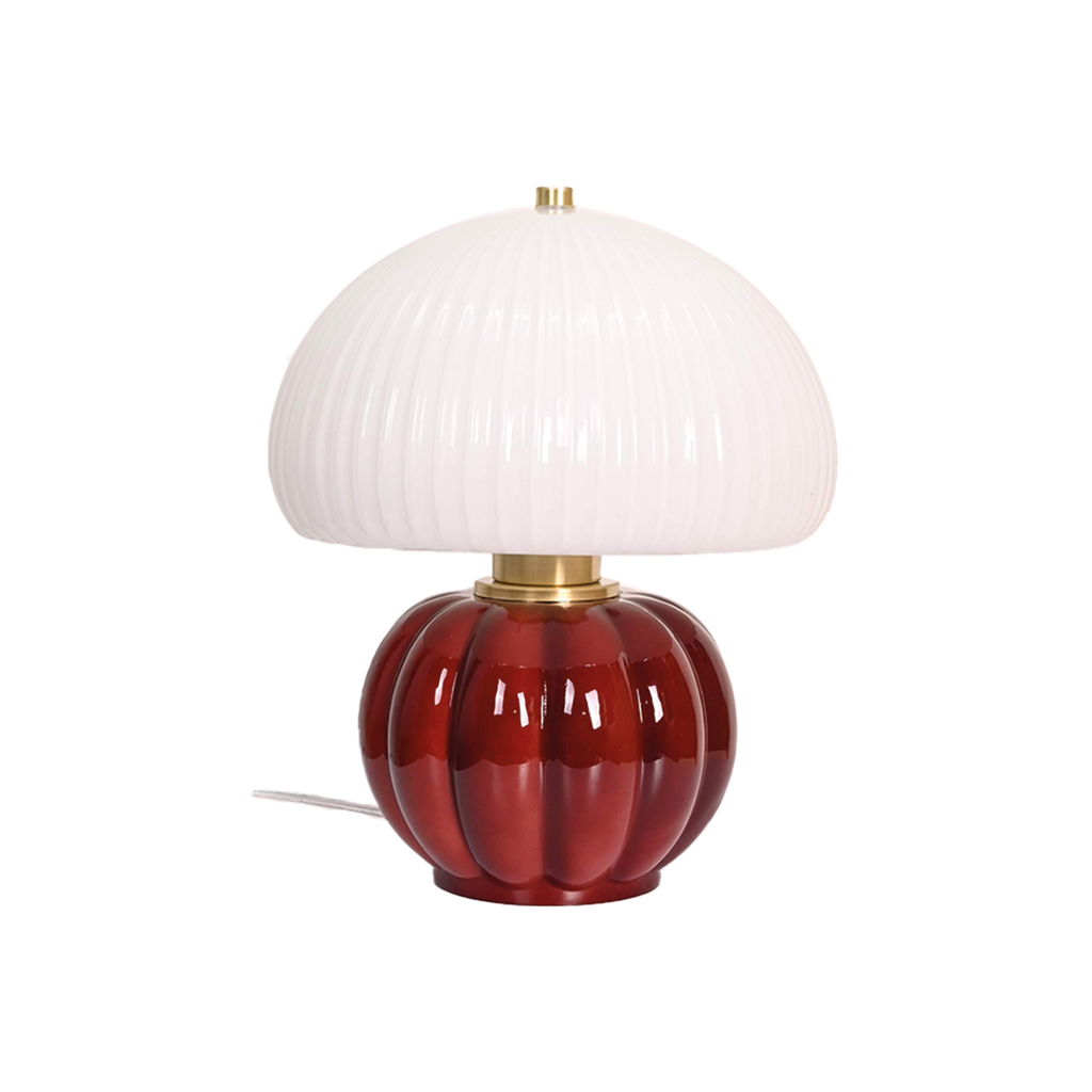 Lampe MADELEINE OPJET PARIS – verre sculpté couleur bordeaux et abat-jour blanc strié