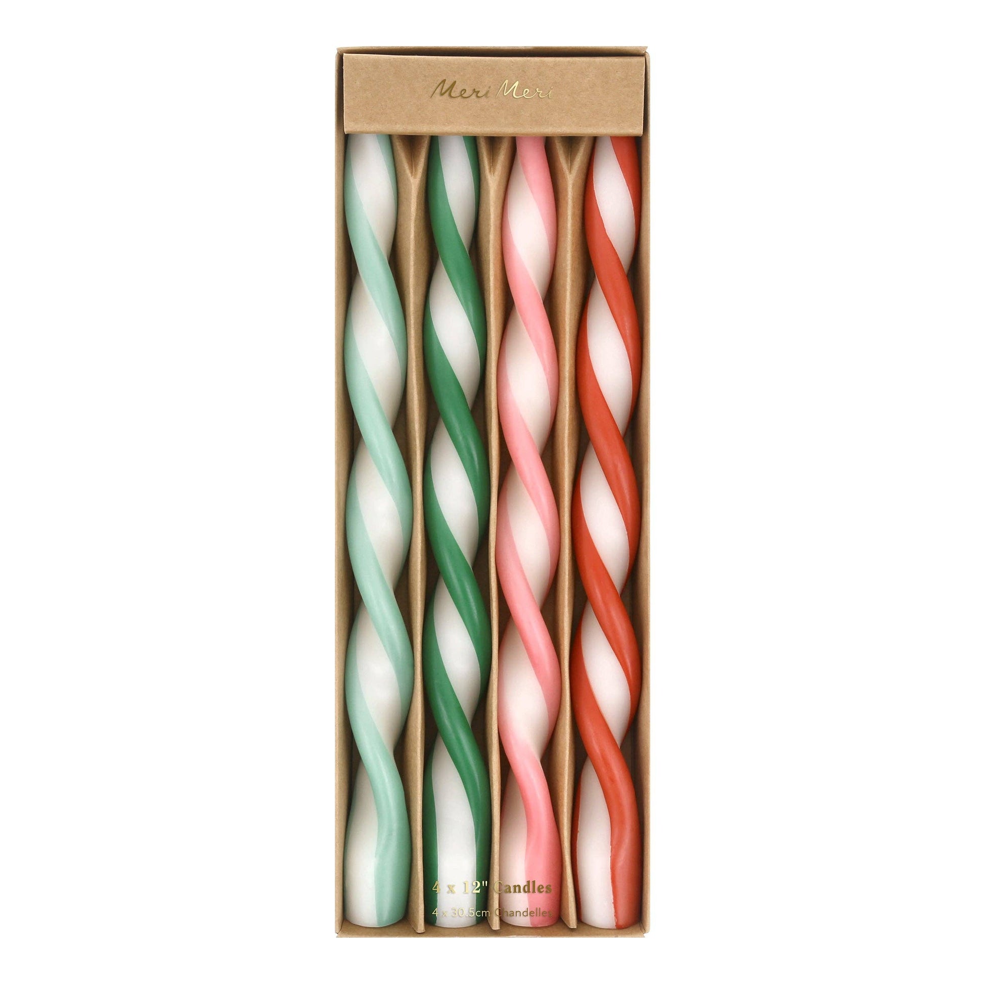 Coffret de 4 bougies torsadées colorées Meri Meri – ivoire, vert, rose et rouge