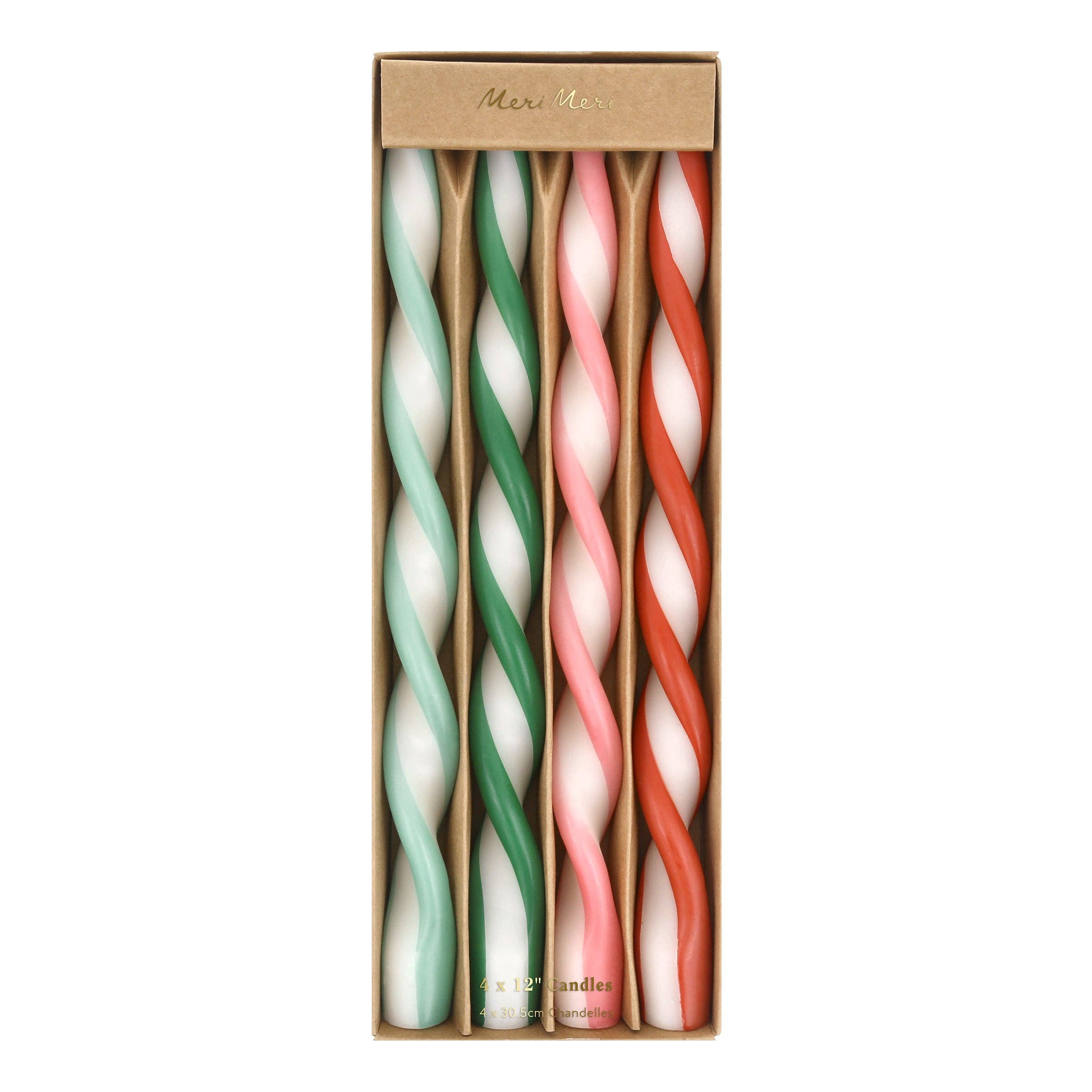 Coffret de 4 bougies torsadées colorées Meri Meri – ivoire, vert, rose et rouge