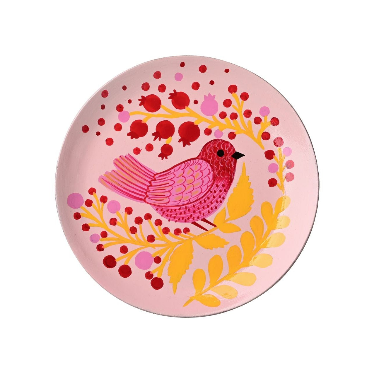Assiette décorative ronde en bois de manguier – motif oiseau rose