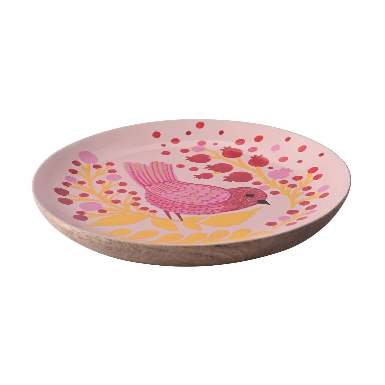 Assiette décorative ronde en bois de manguier – motif oiseau rose