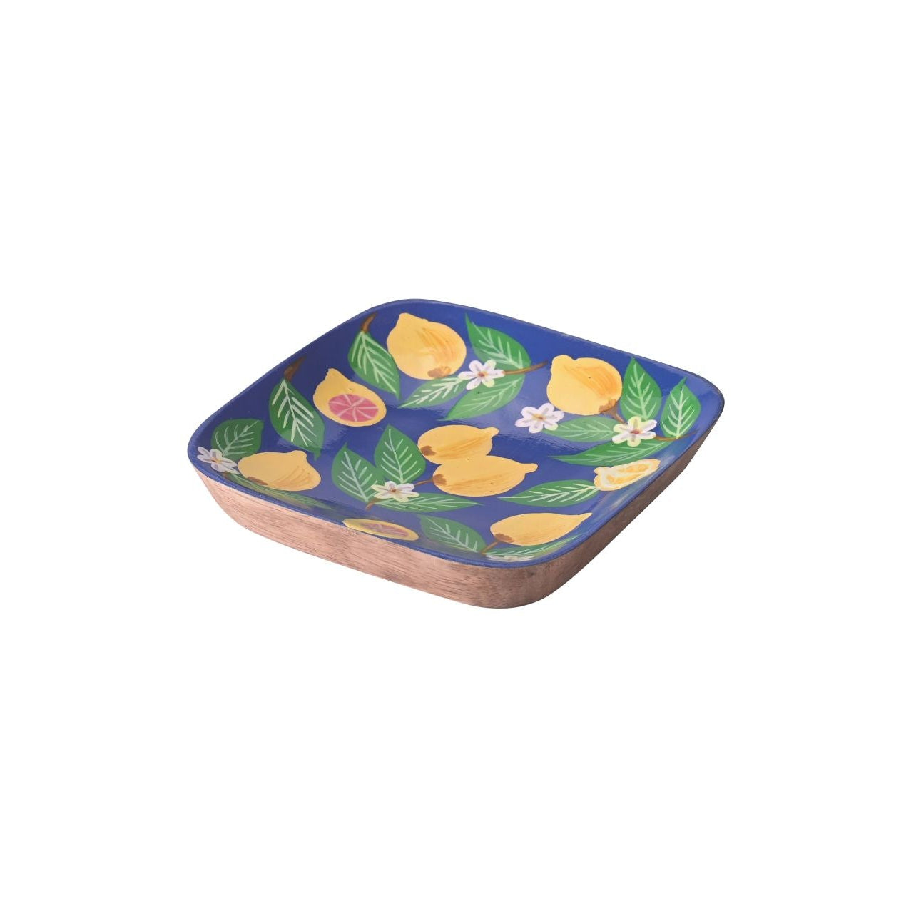 Assiette décorative carrée en bois de manguier – motif citrons