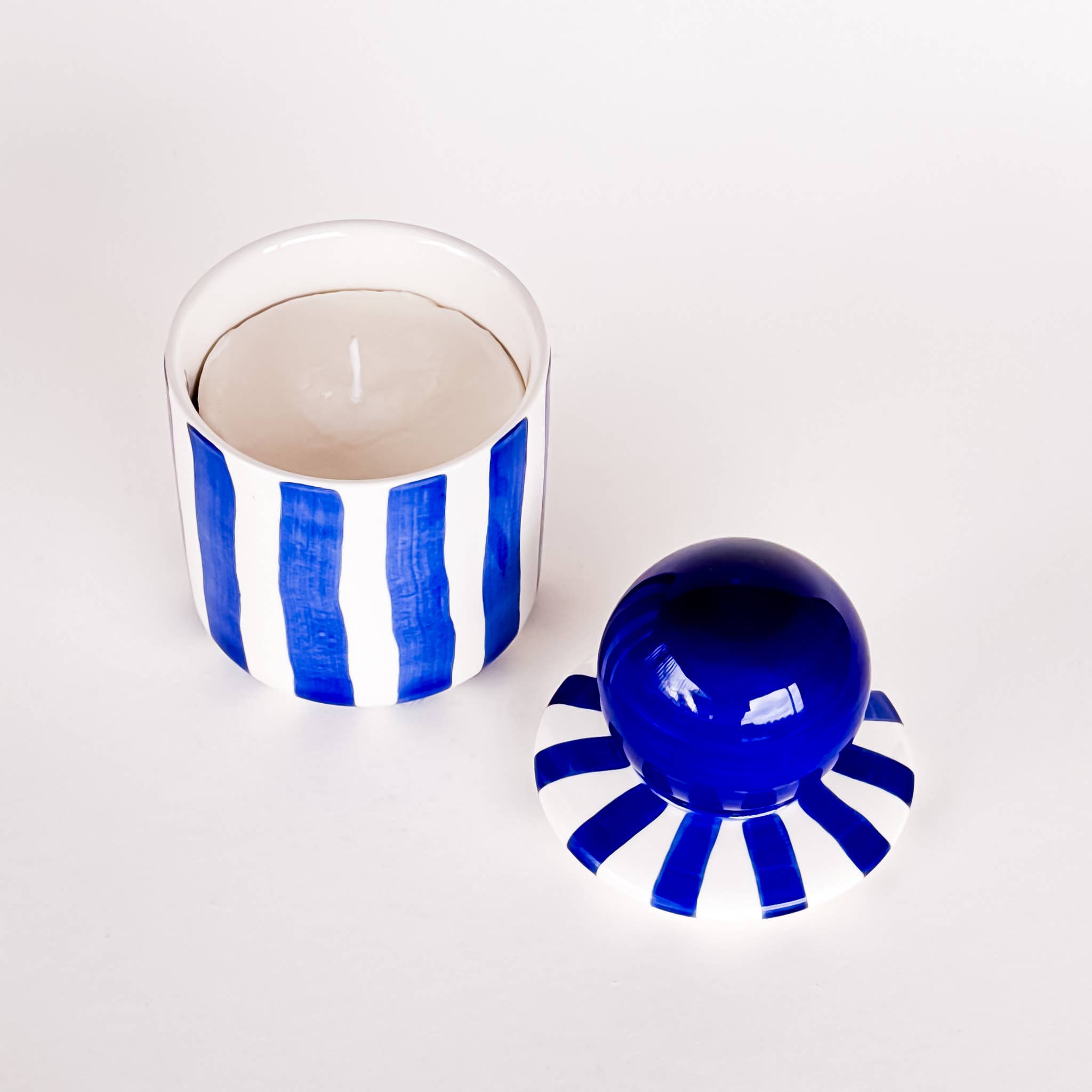 Bougie en céramique rayée - mare blue