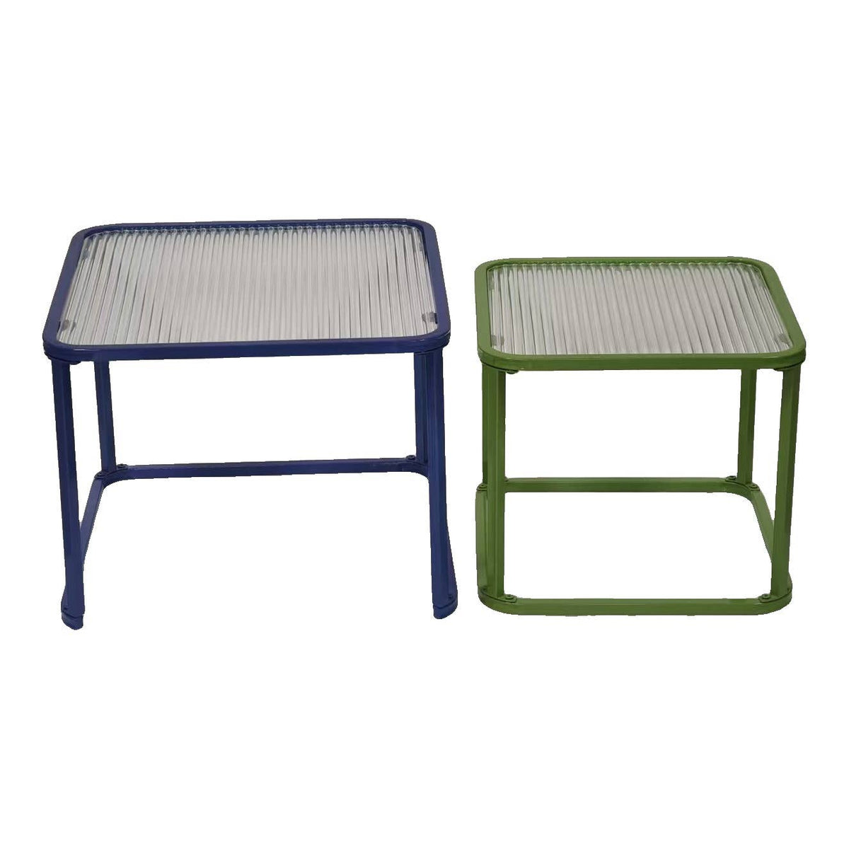 Lot de 2 tables gigognes en métal et verre strié – Bleu & Vert