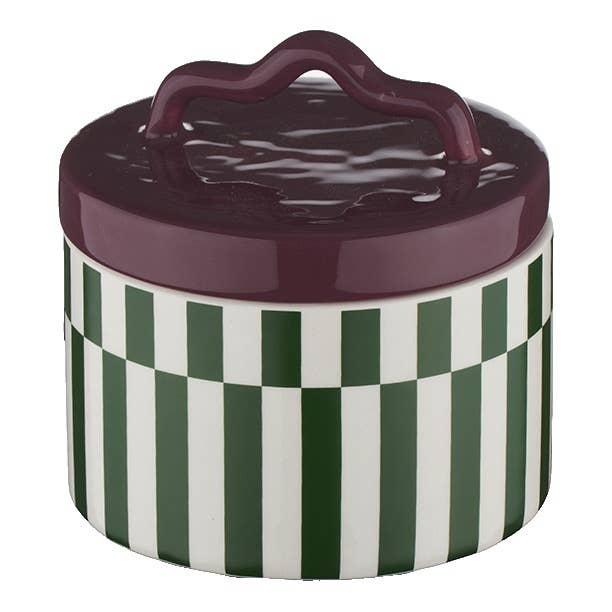 Boîte décorative rayée en céramique – Vert et prune