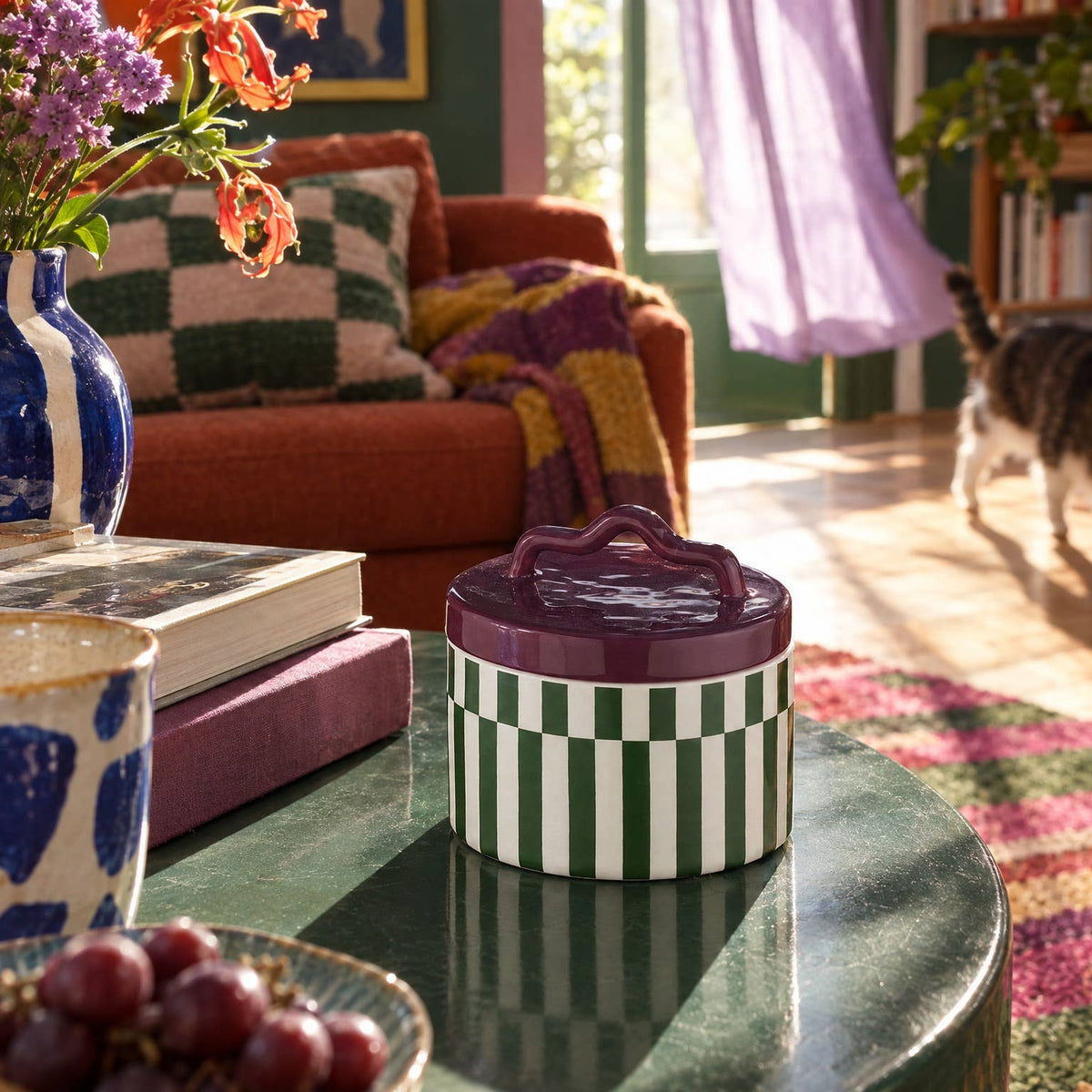 Boîte décorative rayée en céramique – Vert et prune