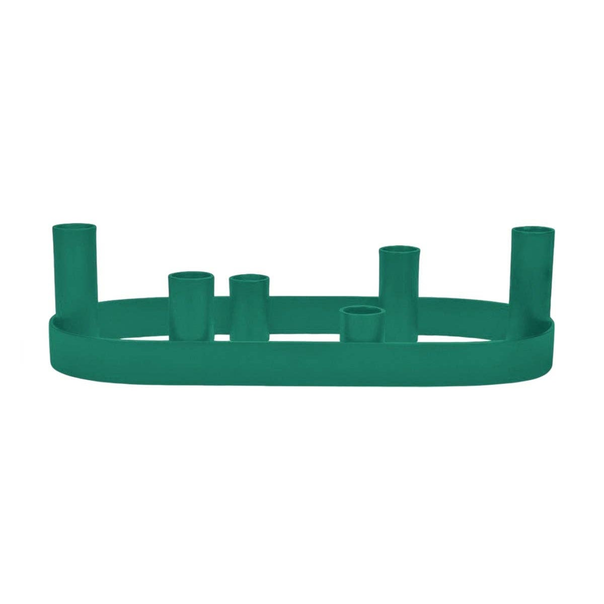 Bougeoir ovale en métal vert béryl pour six bougies, design moderne et fait main en Inde.