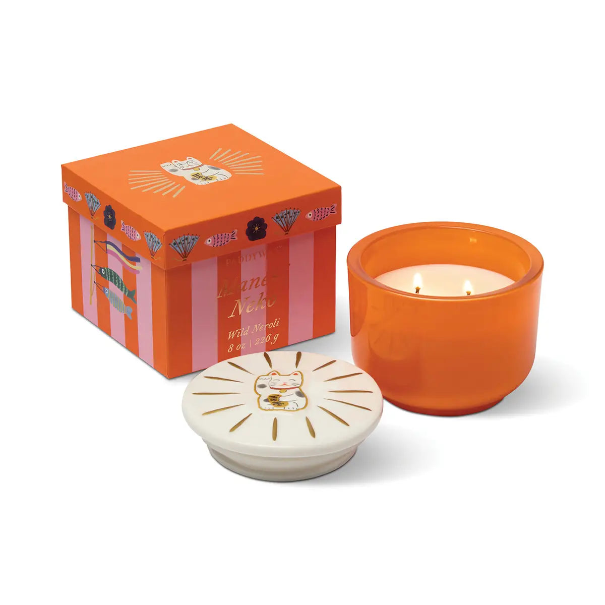 Bougie CHARMED - verre orange / Chat Maneki-neko