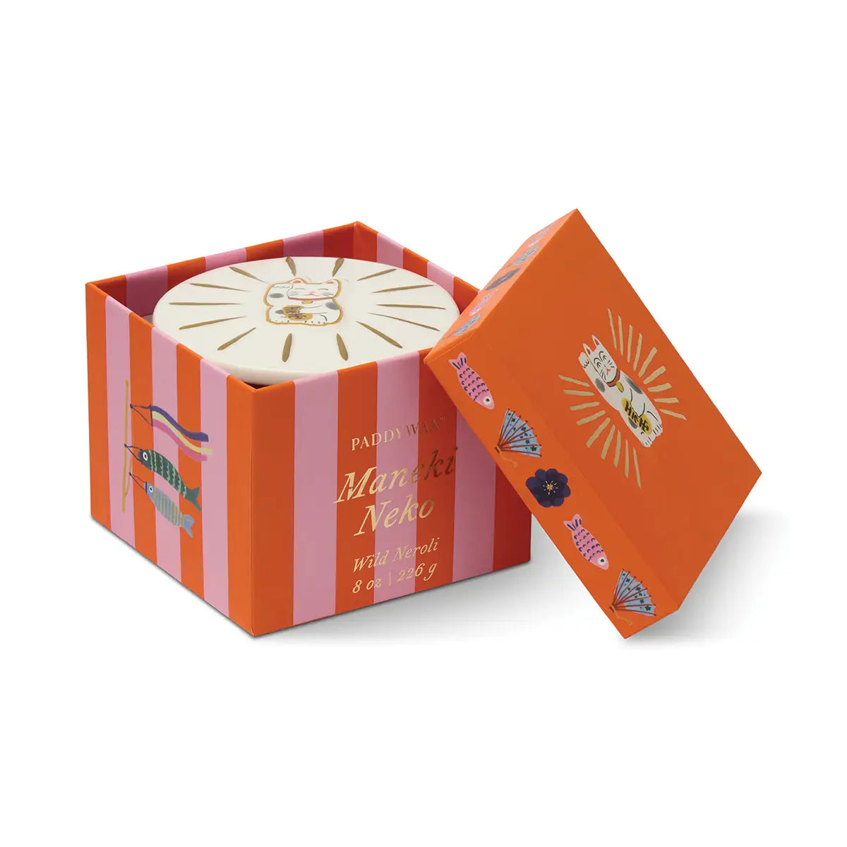 Bougie CHARMED - verre orange / Chat Maneki-neko