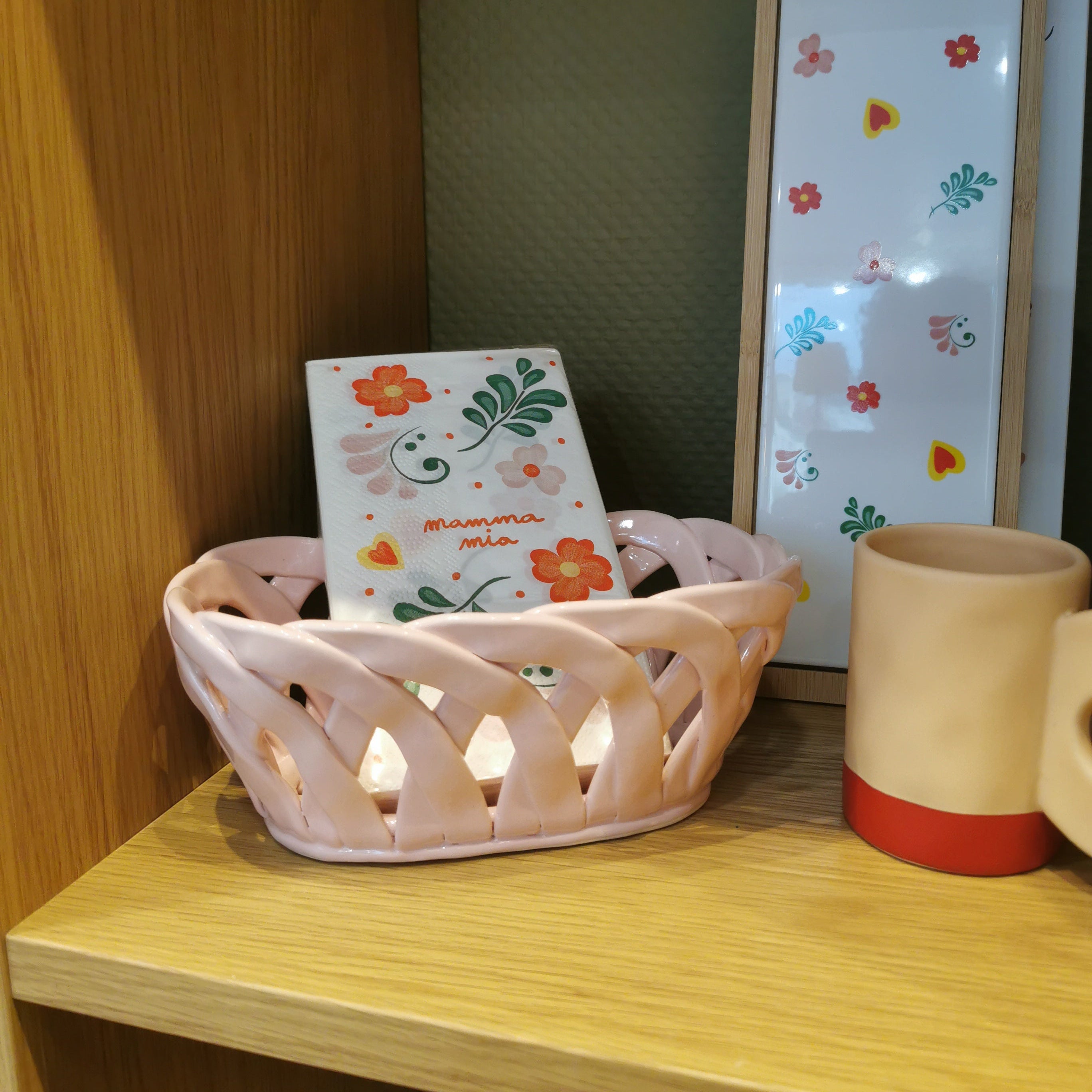 Corbeille tressée céramique - rose