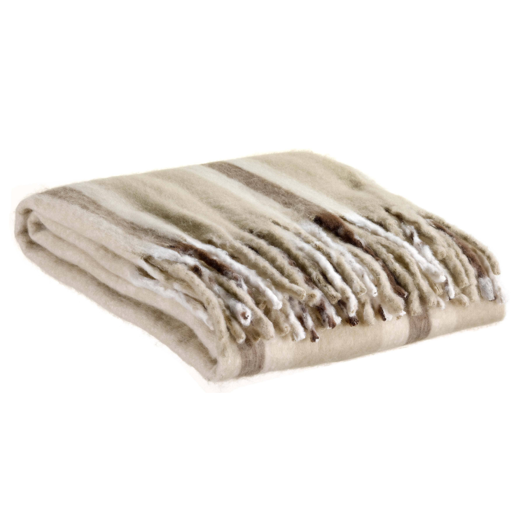 Plaid Isabel Maison Vivaraise motif rayé naturel, en polyester recyclé, avec franges XL et texture mohair.