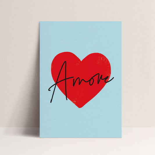 Affiche AMORE Papier & Co – cœur rouge sur fond bleu – Poster déco 30x40 cm