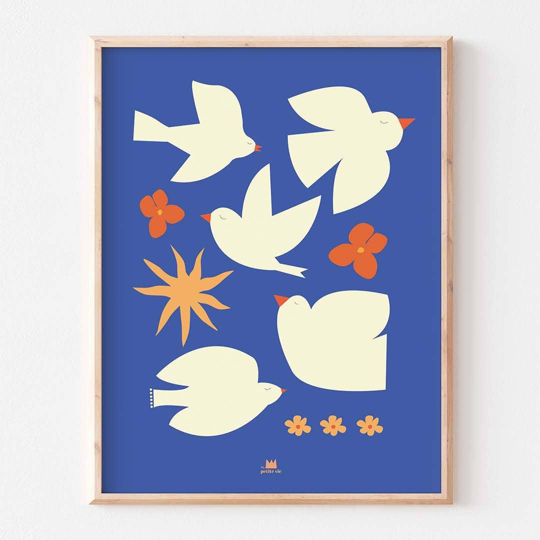 Affiche 30x40 cm, oiseaux blancs et fond bleu, de MA PETITE VIE