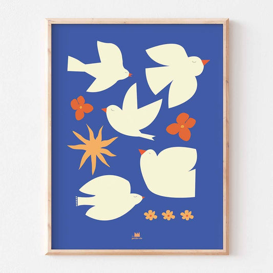 Affiche 30x40 cm, oiseaux blancs et fond bleu, de MA PETITE VIE