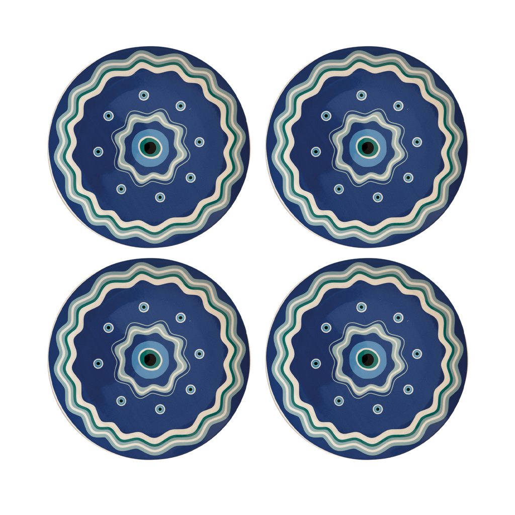 Set de 4 assiettes plates avec motif œil bleu – Collection Regard Sixties – OPJET PARIS