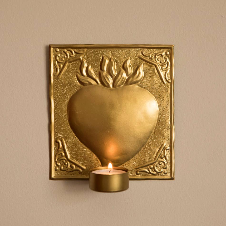 Bougeoir mural cœur flamboyant – métal doré