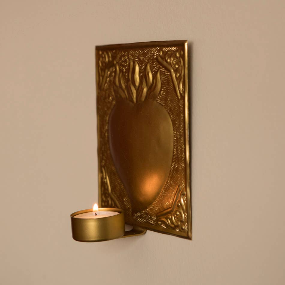 Bougeoir mural cœur flamboyant – métal doré