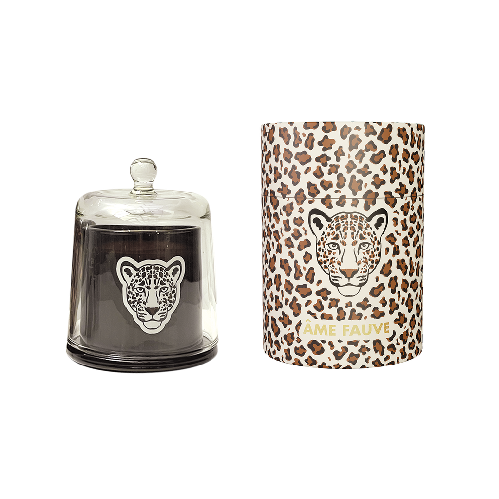 Bougie sous cloche motif léopard "Âme Fauve" parfum cèdre – Opjet Paris