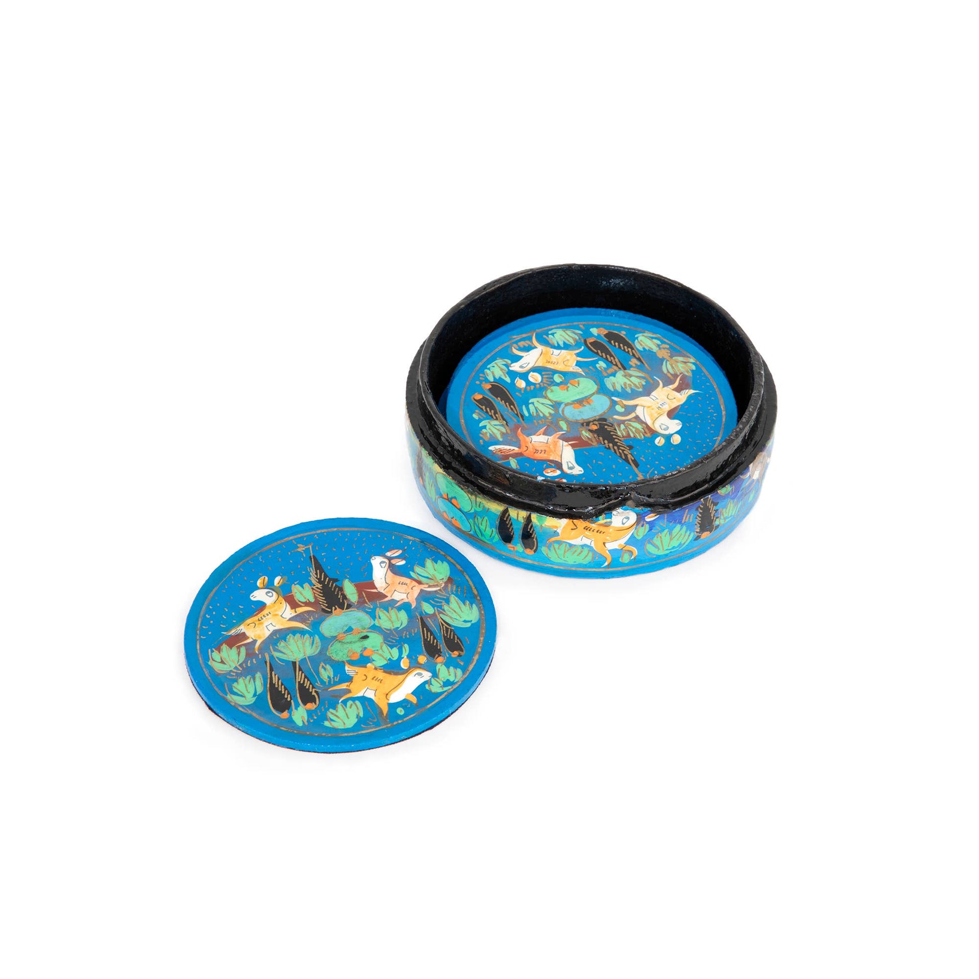 dessous de verre artisanaux bleus peints main avec boite helio ferretti