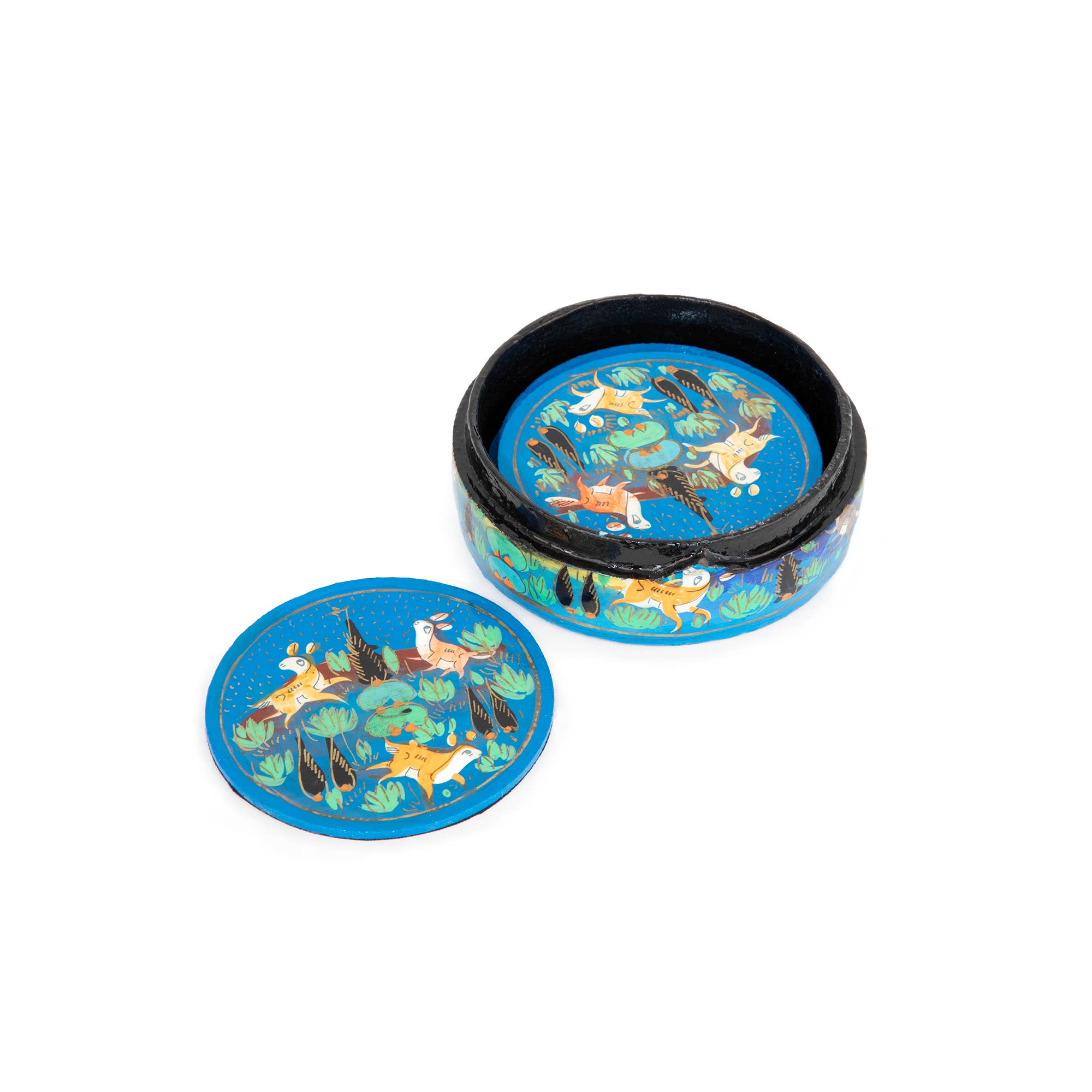 dessous de verre artisanaux bleus peints main avec boite helio ferretti