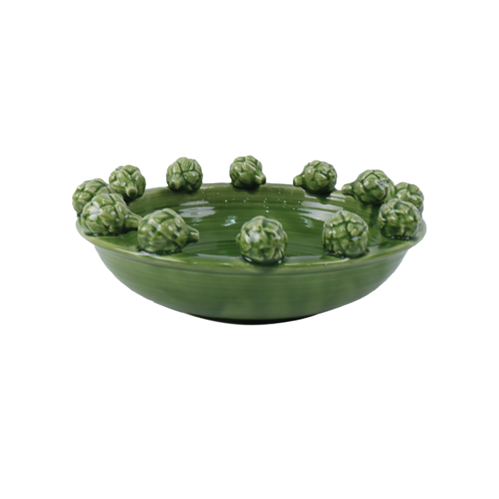 Centre de table en céramique verte décoré d’artichauts en relief, modèle OPJET PARIS.