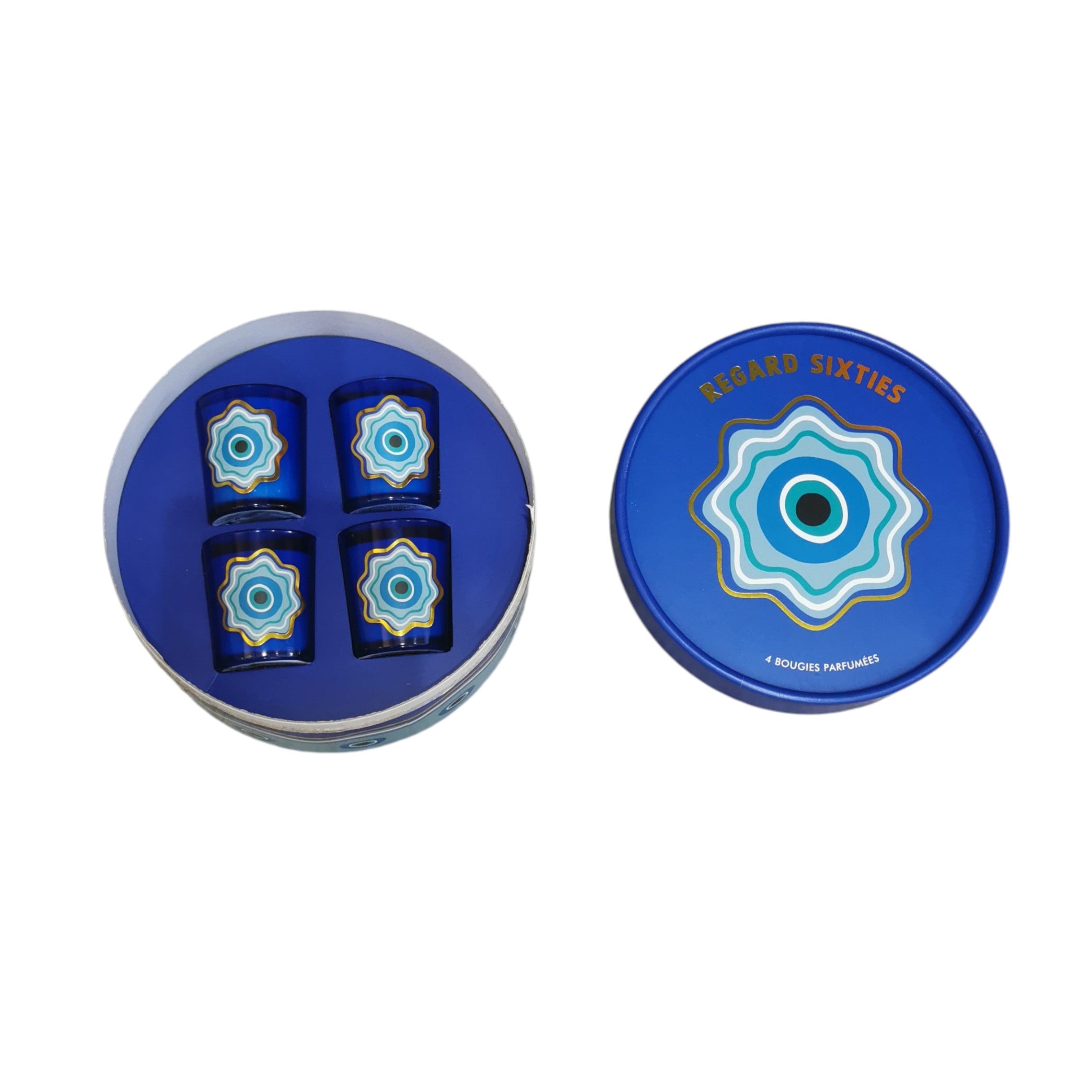 Coffret Regard Sixties – 4 bougies parfumées Opjet Paris, motif œil protecteur
