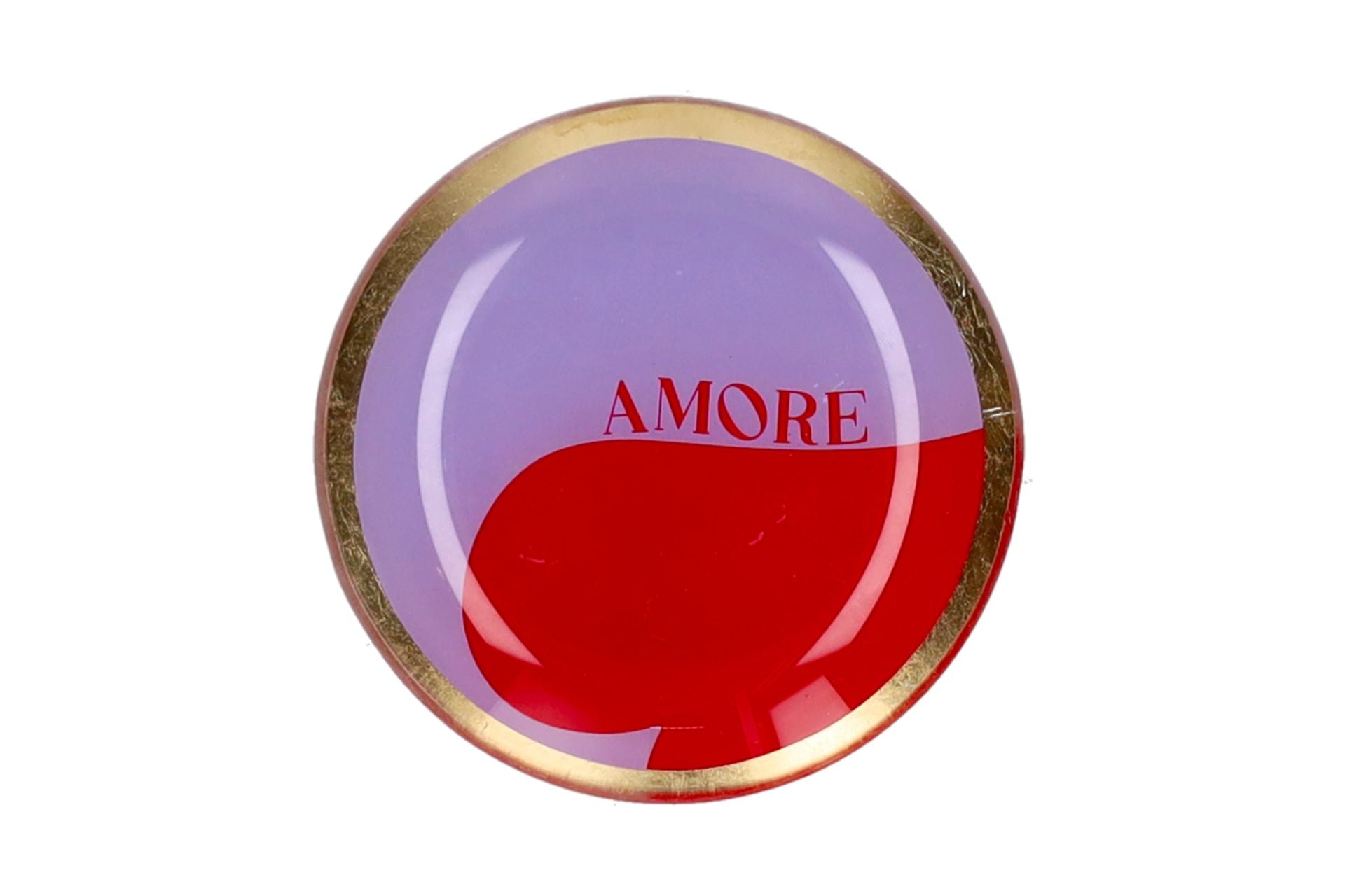 Petit vide-poche en verre avec inscription AMORE, coloris rouge & lilas, bord doré – Maison x Albert