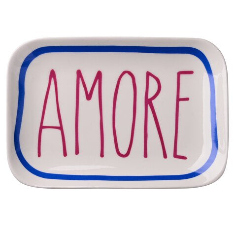 Petit vide-poche en céramique blanche avec message AMORE rose et contour bleu