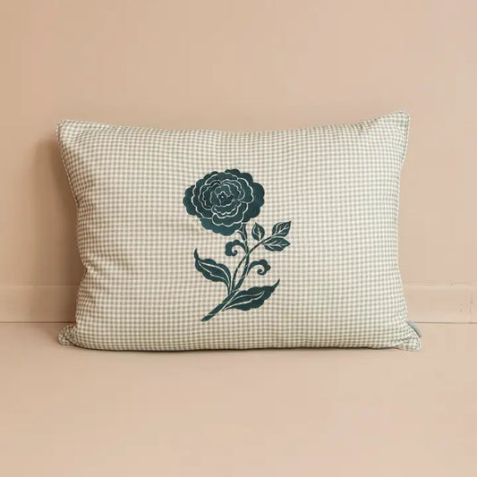 Coussin vichy brodé VERT - 50x70