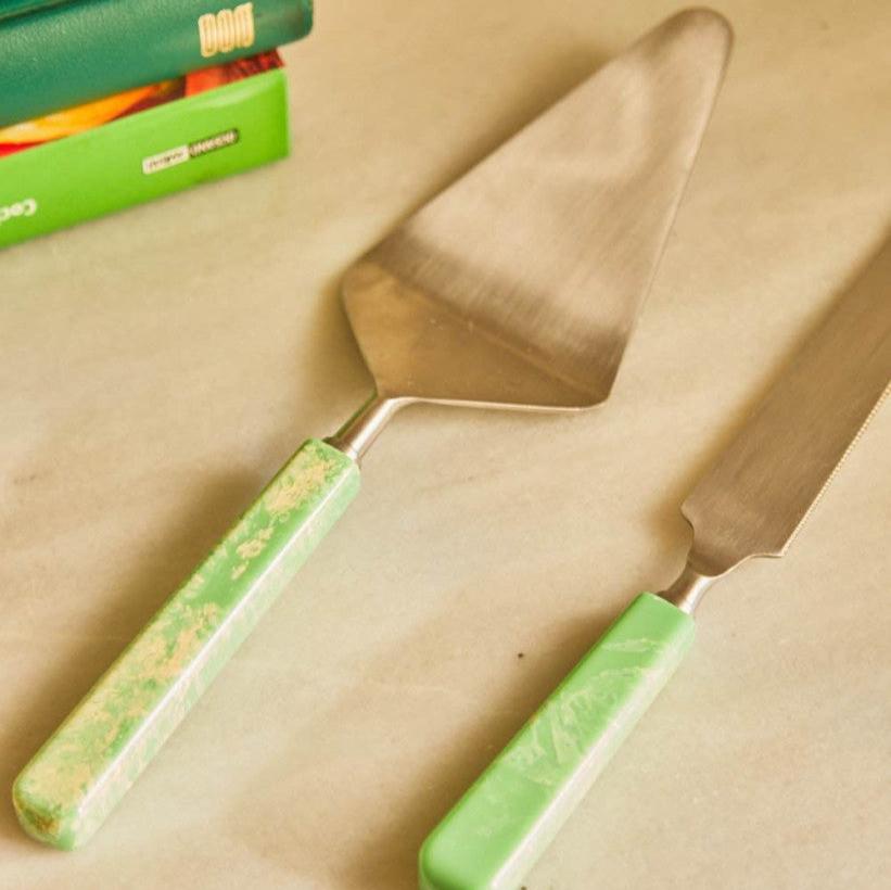 Set de couverts de service pour tartes et gâteaux, en résine verte