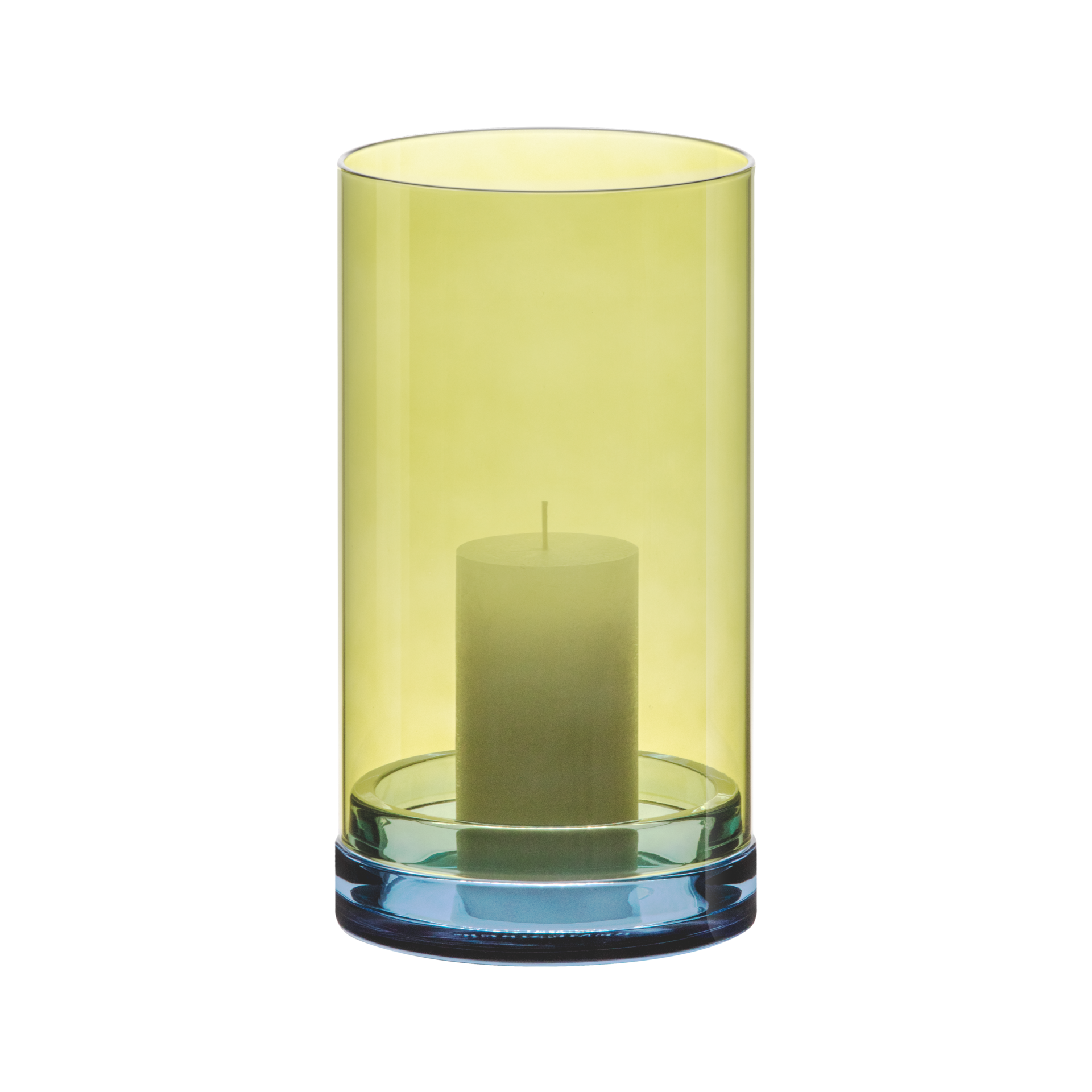 Grand photophore LUCIUS de REMEMBER en verre coloré, posé sur une table, avec une bougie allumée diffusant une lumière tamisée.