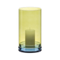 Grand photophore LUCIUS de REMEMBER en verre coloré, posé sur une table, avec une bougie allumée diffusant une lumière tamisée.