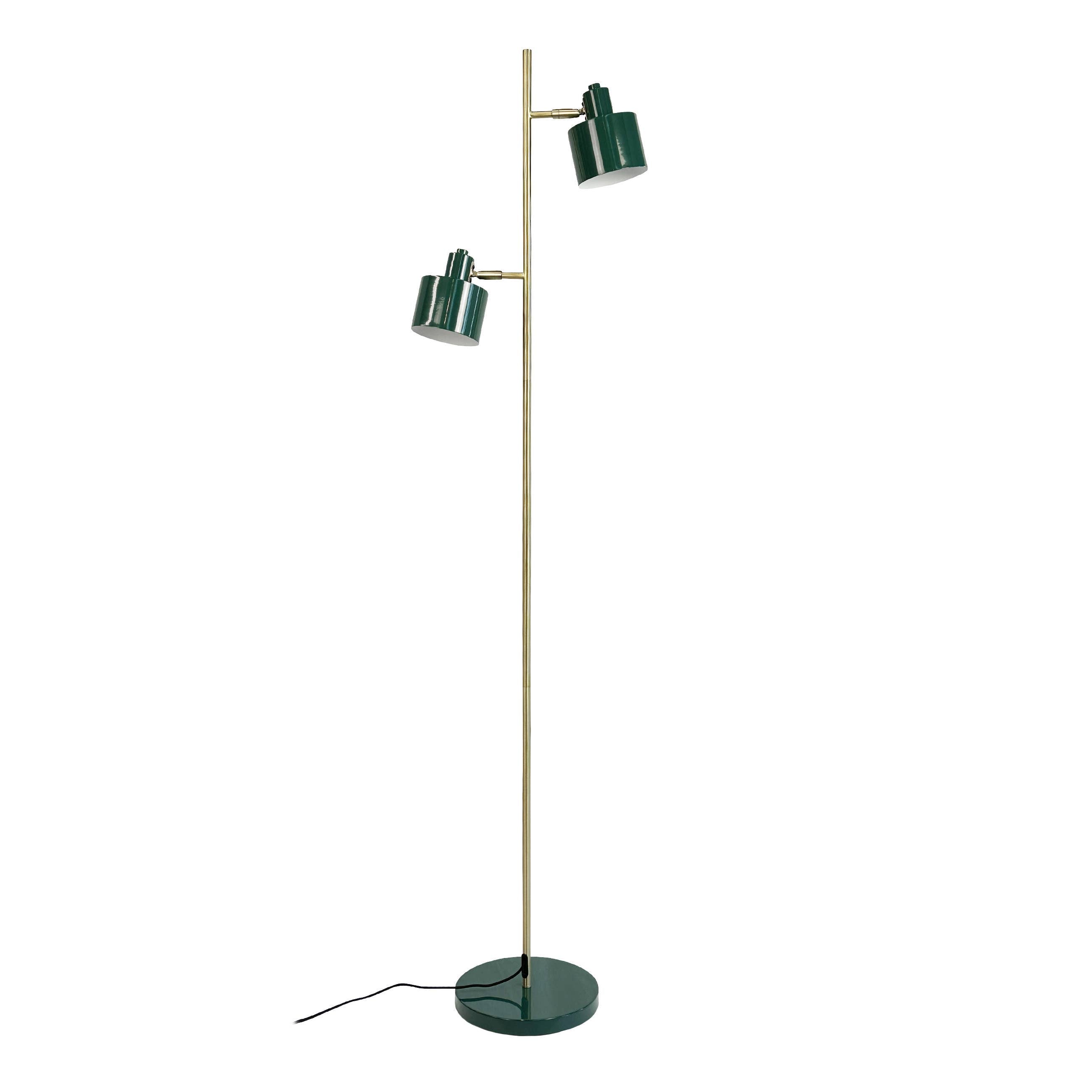 Lampadaire Dyberg Larsen Ocean – vert foncé et laiton, avec deux abat-jours orientables