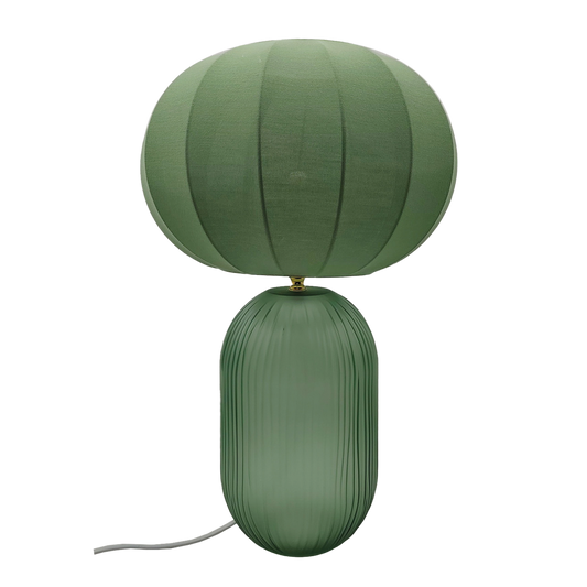 Lampe LUCAS OPJET PARIS – version verte avec base en verre strié et abat-jour en toile