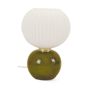 Lampe ADONIS OPJET Paris avec base en verre coloré brillant, globe blanc mat strié et anneau doré en laiton
