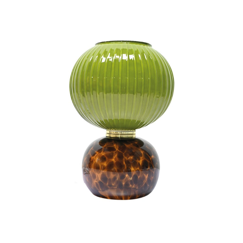Lampe ADONIS OPJET PARIS – base léopard et globe nervuré en verre vert"