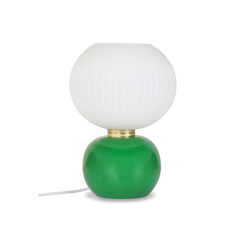 Lampe ADONIS OPJET Paris avec base en verre vert brillant, globe blanc mat strié et anneau doré