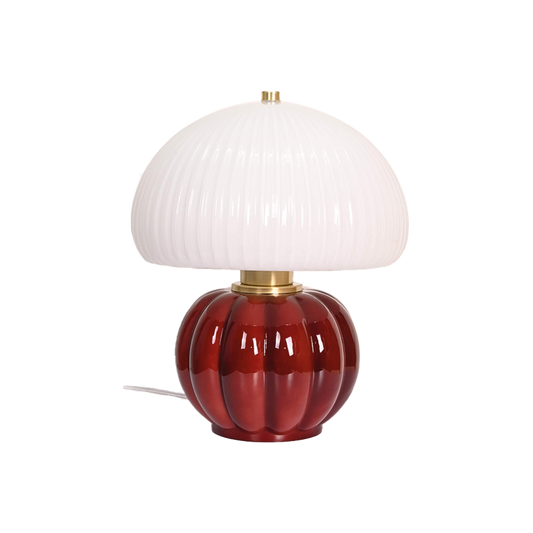 Lampe MADELEINE OPJET PARIS – verre sculpté couleur bordeaux et abat-jour blanc strié