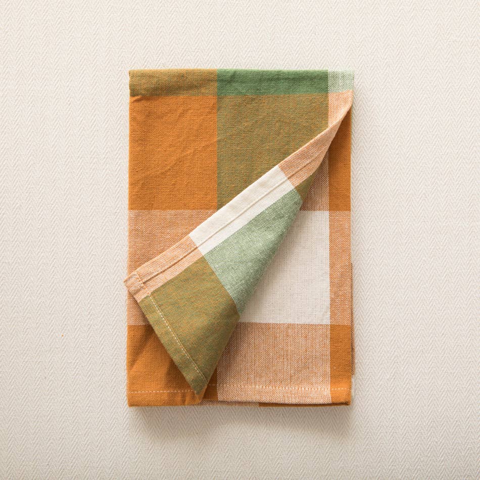 Serviettes à carreaux, vert et ocre, coton | Mahe homeware
