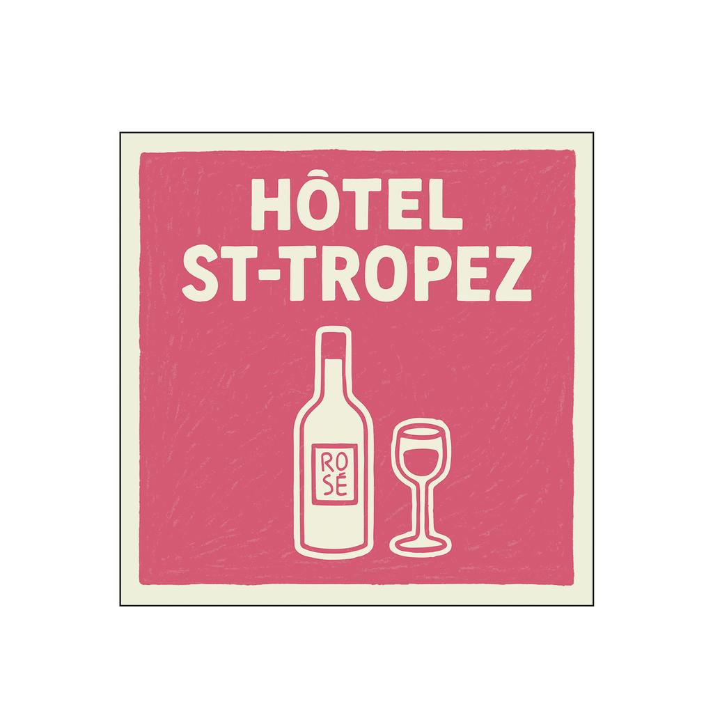 Serviettes en papier recyclé OPJET Paris motif “Hôtel St-Tropez”, bouteille de rosé et verre.