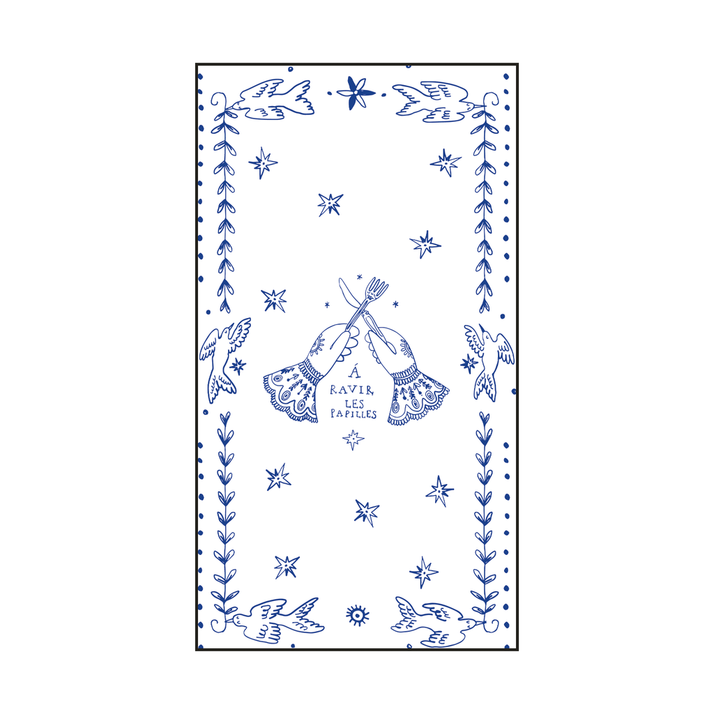 Serviette en papier rectangulaire blanche, décorée d’illustrations bleues et du message “À ravir les papilles”, OPJET PARIS