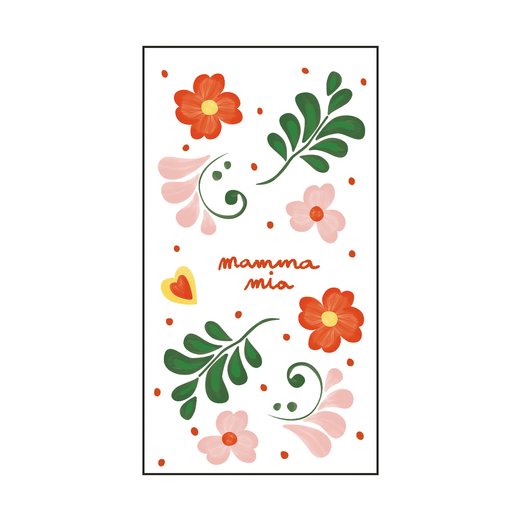 Lot de 15 serviettes rectangulaires en papier avec fleurs colorées et texte "Mamma Mia" – Opjet Paris