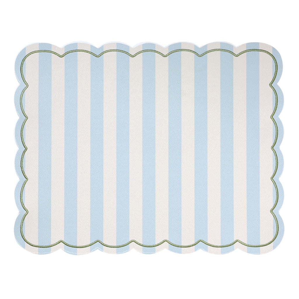 Set de table ROMÉO rayé bleu ciel, bords ondulés et broderie – Opjet Paris