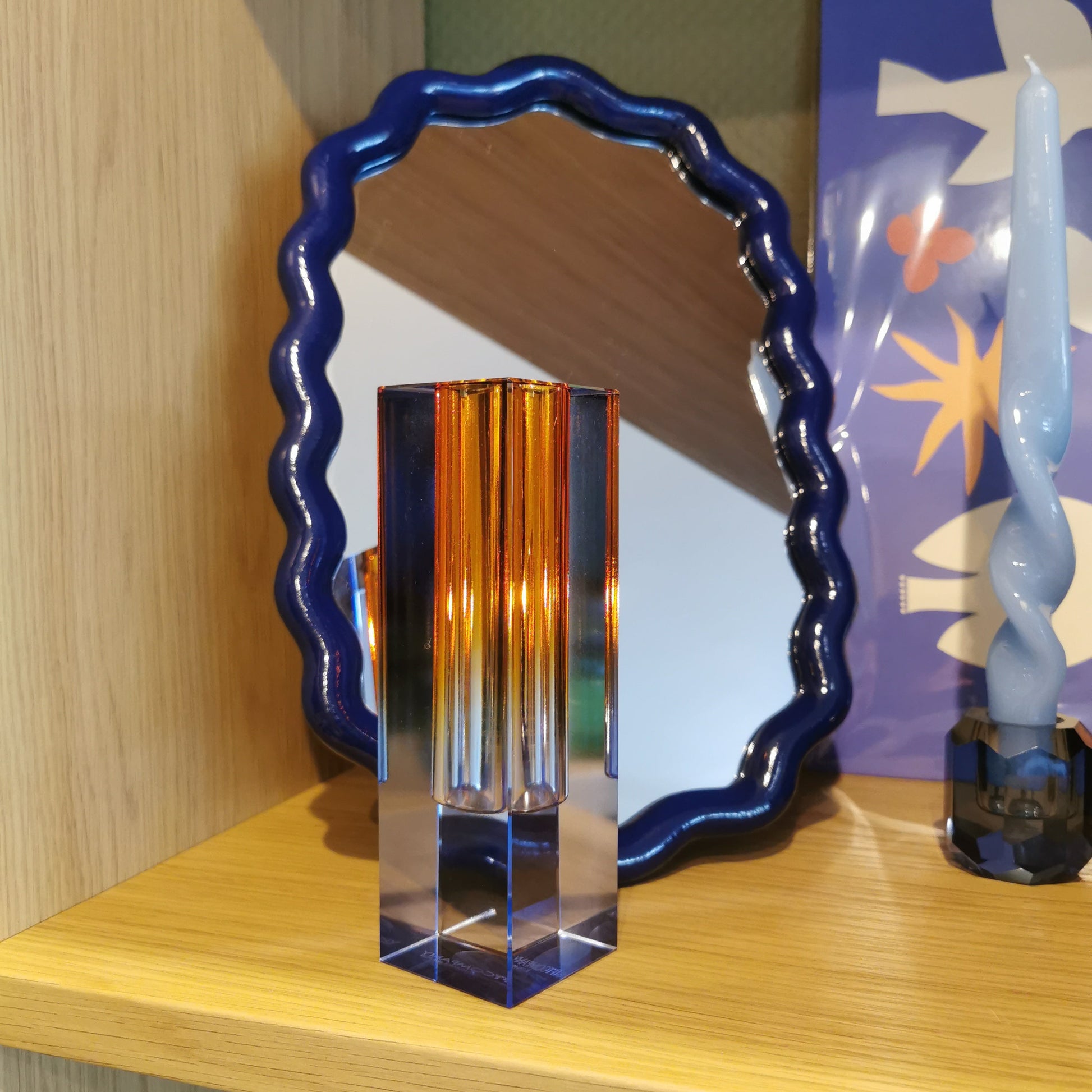 Soliflore / bougeoir en cristal bleu et orange