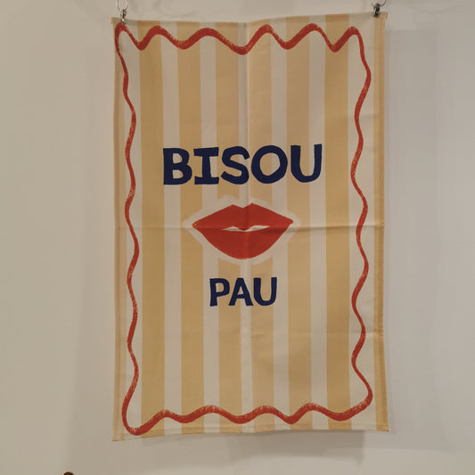 Torchon made in France, BISOU PAU, à rayures orange