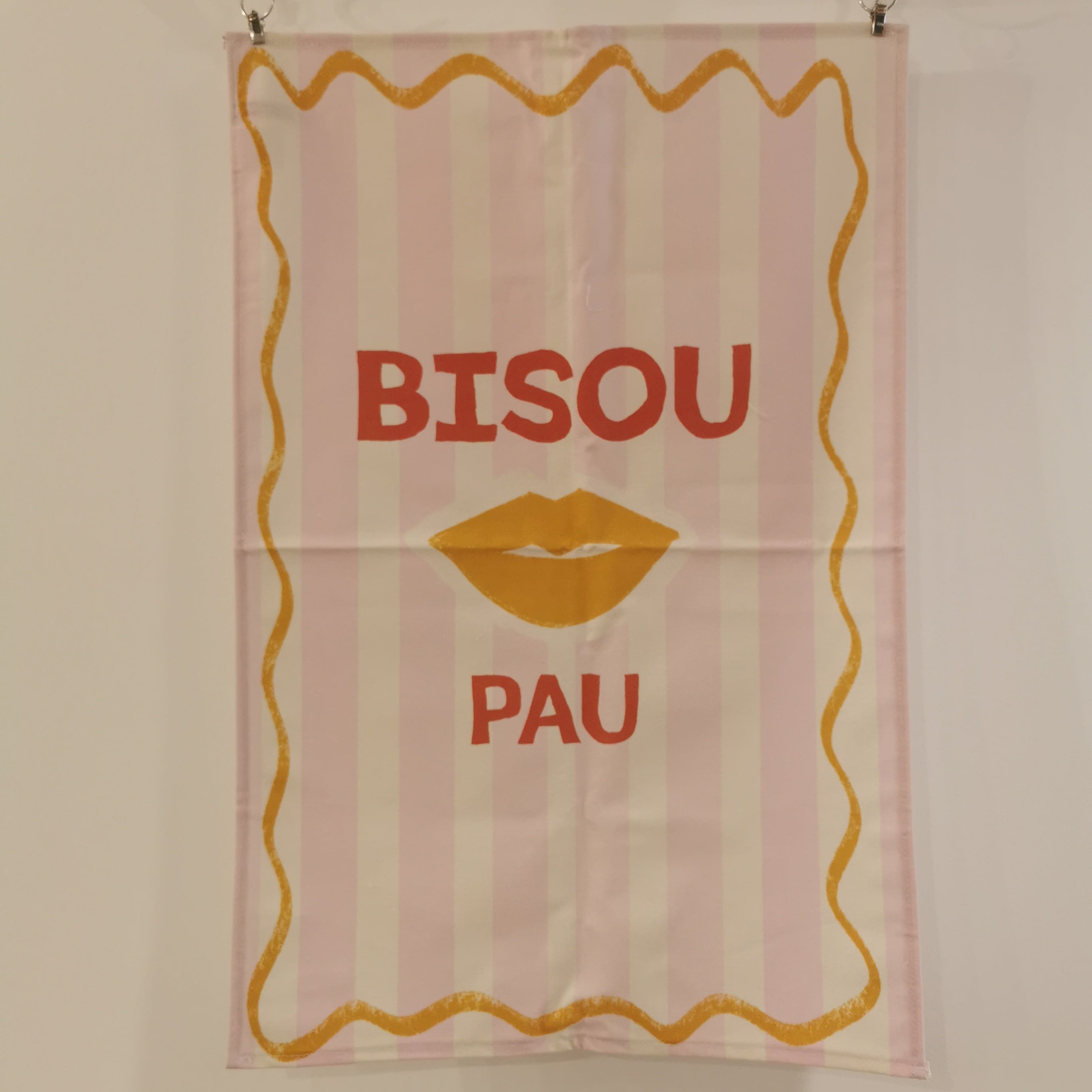 Torchon made in France, BISOU PAU, à rayures roses