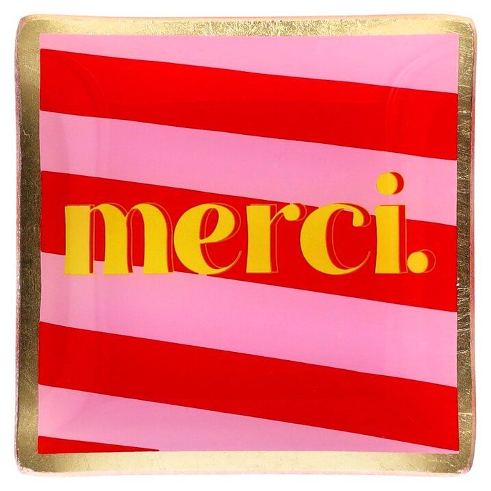 Vide-poche carré en verre avec le mot “MERCI” jaune sur rayures rouges et roses – Maison x Albert